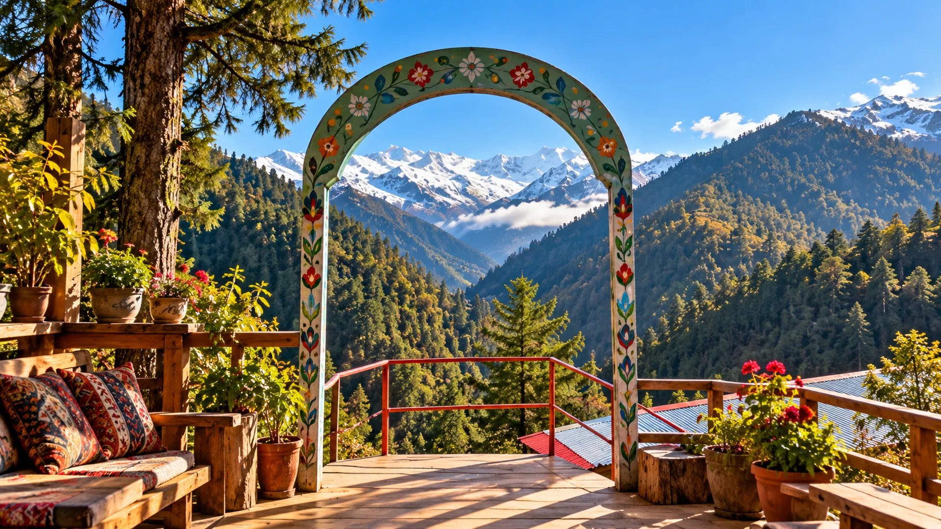 Illustrative Himalayan view through a painted arch inspired by Malana