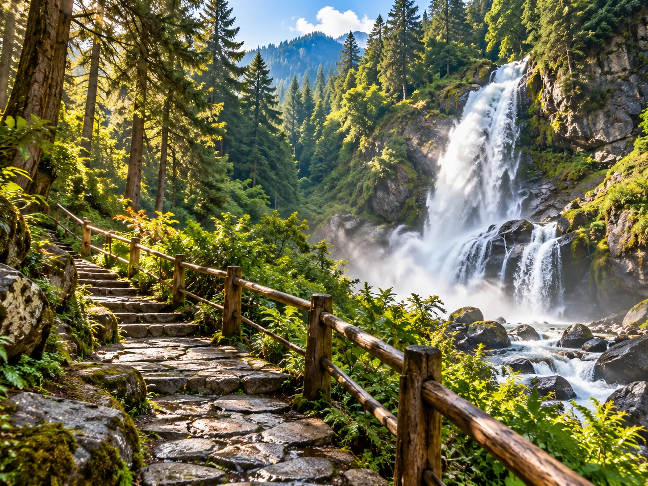Illustrative waterfall and woodland path